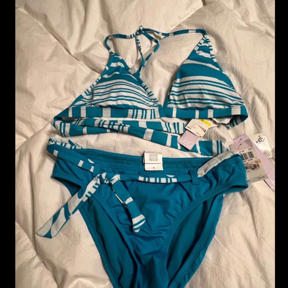 JAG green striped or floral reversible top swimsuit set